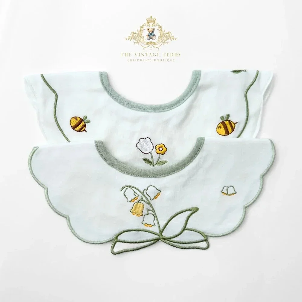 NWT Lovely Boutique Embroidered Girls Baby Bibs Tulips & Bumble Bees Set of 2